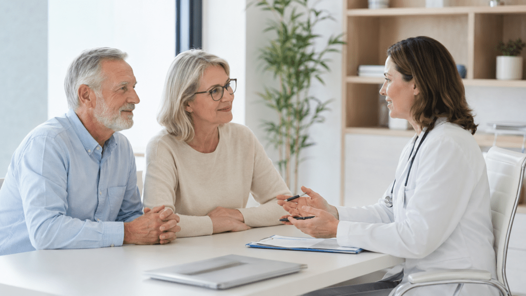 Imatge fotorealista i professional d’una parella de més de 60 anys en una consulta mèdica moderna, parlant amb una doctora en un ambient pròxim, tranquil i de confiança. La composició ha de transmetre benestar, prevenció, accés ràpid a especialistes i seguretat en aquesta etapa de la vida. Espai lluminós, estil corporatiu i editorial, colors suaus i naturals, sense text, sense logotips, format horitzontal 16:9, alta resolució.